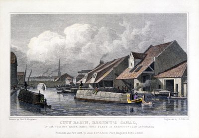 City Basin, Regents Canal, graviert von F.J. Havell, 1827 von Thomas Hosmer after Shepherd